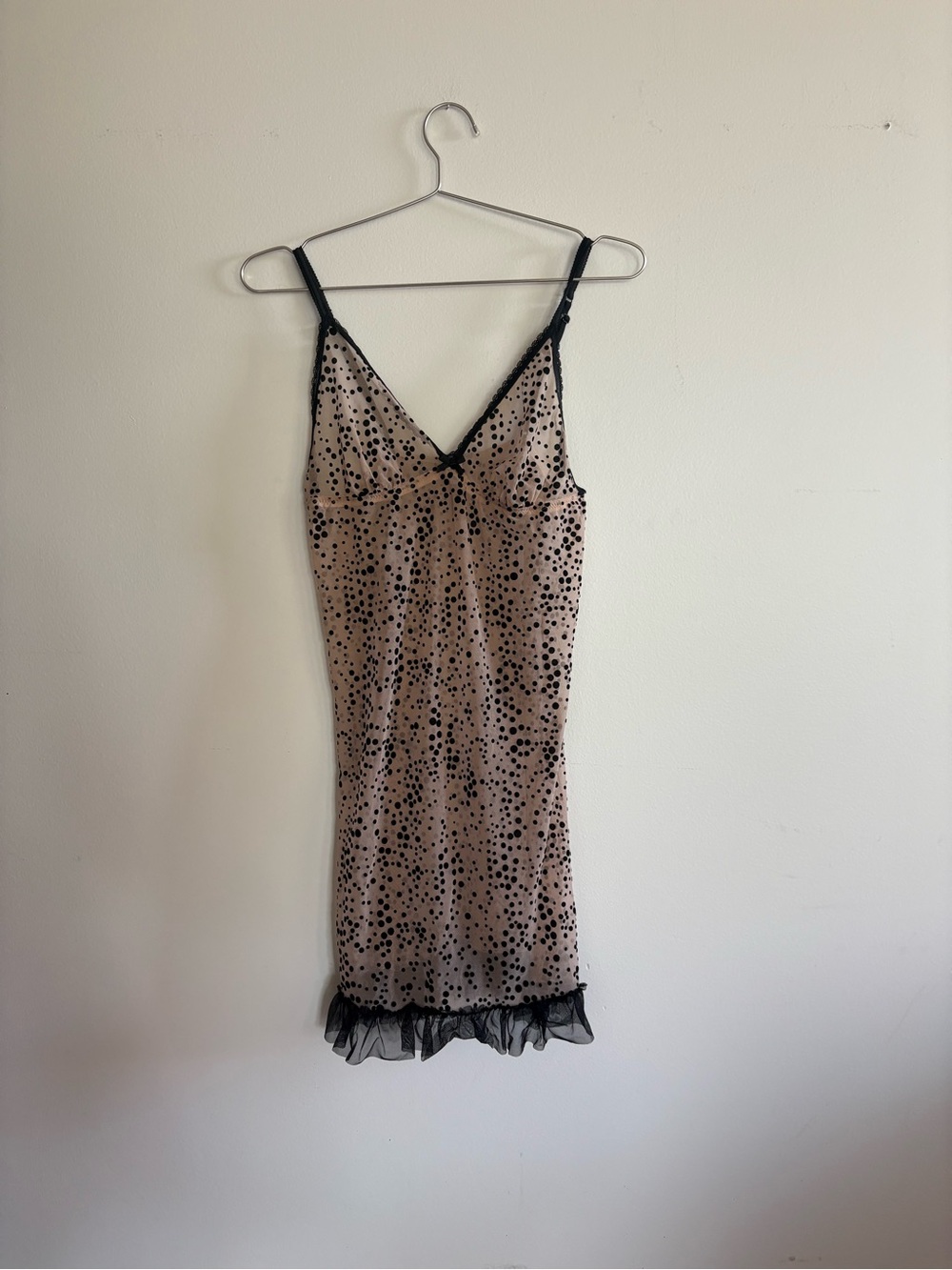 Cosabella Beige and Black Polka Dot Lace-Trim Slip